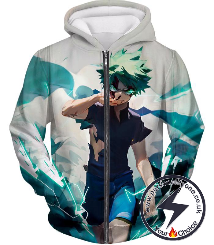 My Hero Academia Izuki Midoriya Incredible Hero Awesome Anime Action White Zip Up Hoodie